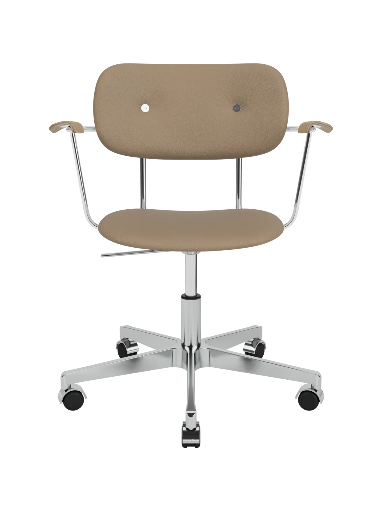 Co Task Chair in tan Sierra 1611 upholstery with natural oak armrests and a chrome height-adjustable swivel base.