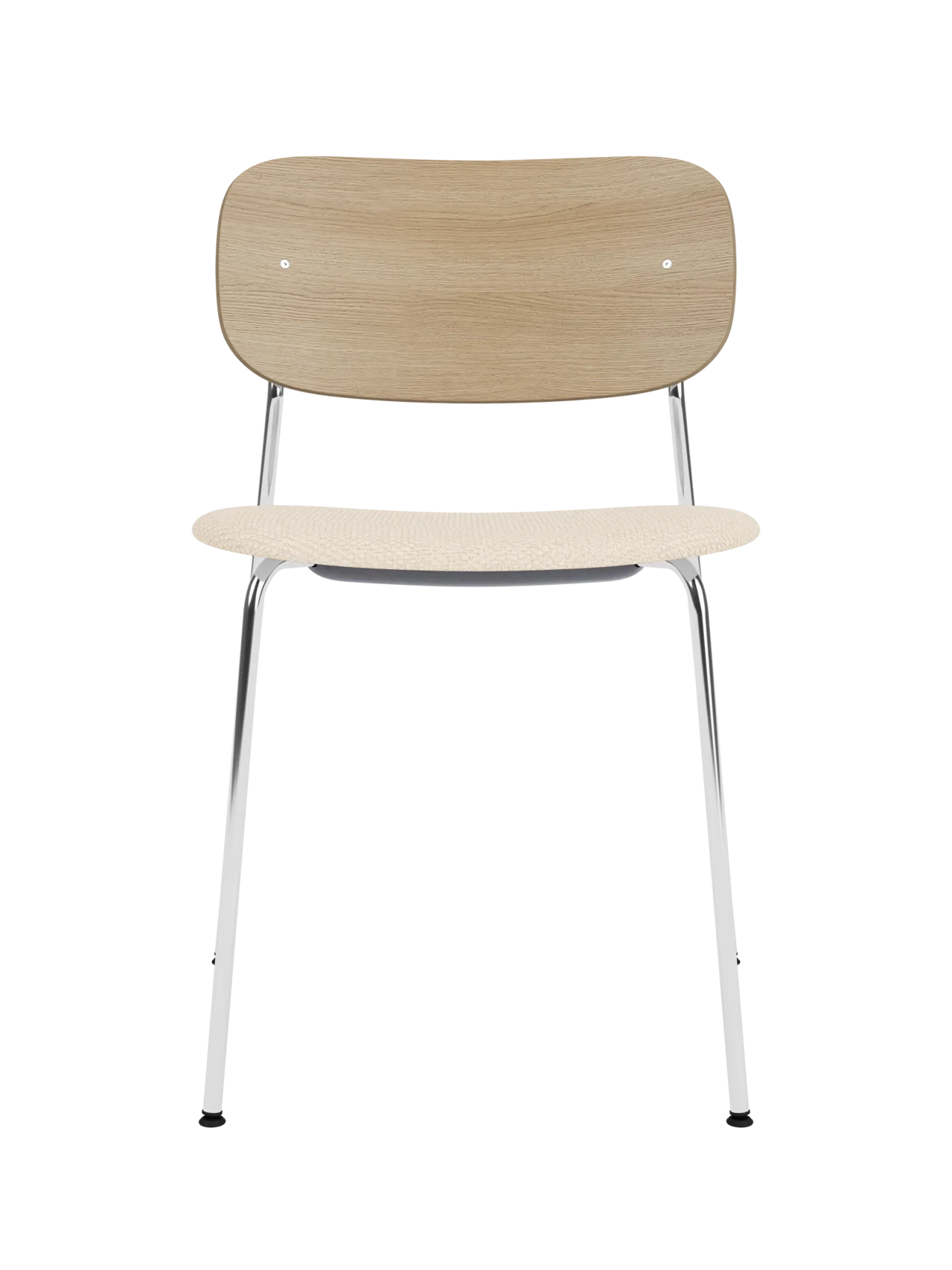Co Dining Chair with a chrome frame, curved natural oak back and a beige Logan Jasmine upholstered seat.