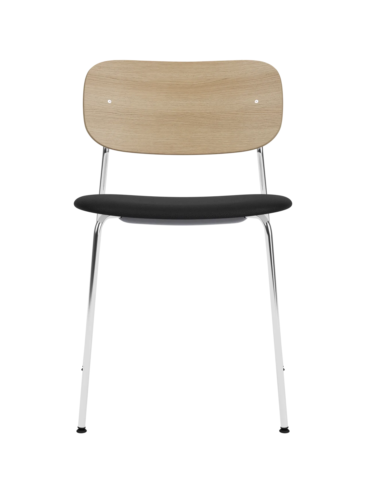 Co Dining Chair with a natural oak back, black Sierra leather upholstered seat and a sleek chrome frame.
