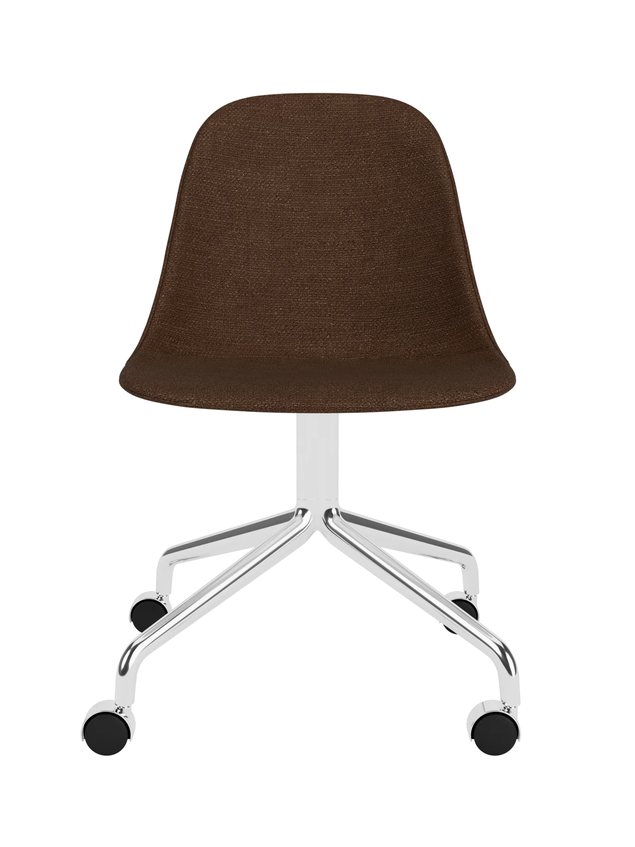 Brown Audo Bouclé 07 upholstered Harbour Side Dining Chair on a polished aluminium star base with casters.