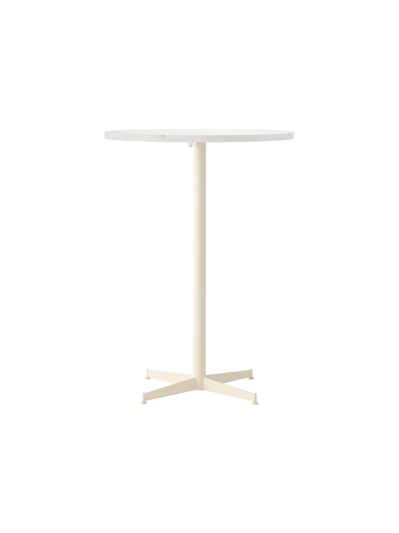 Front view of the Nook Bar Table, featuring a round white top and a slender ivory-coloured pedestal base with a 4-star foot.