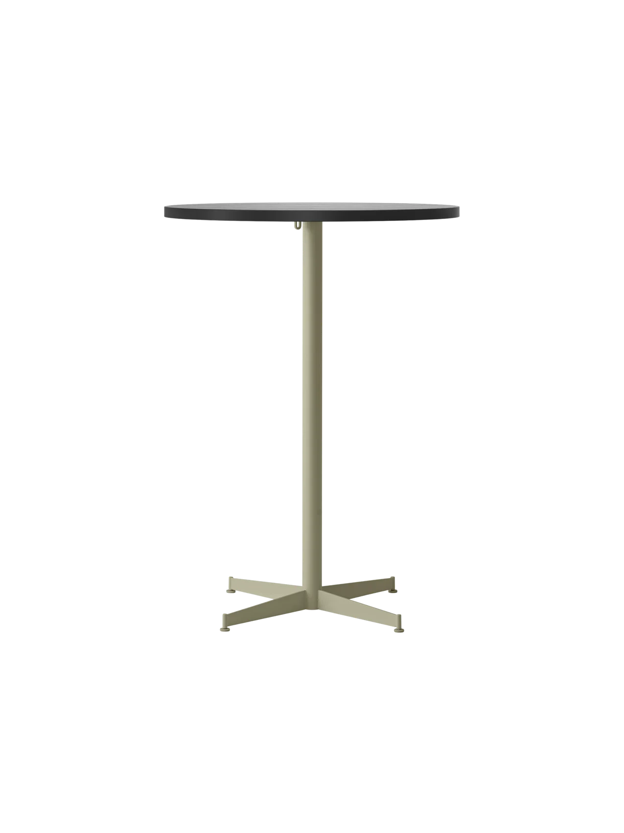 A front-on image of the Nook Bar Table, with a square, dark charcoal tabletop and slim, ivory single-column base.