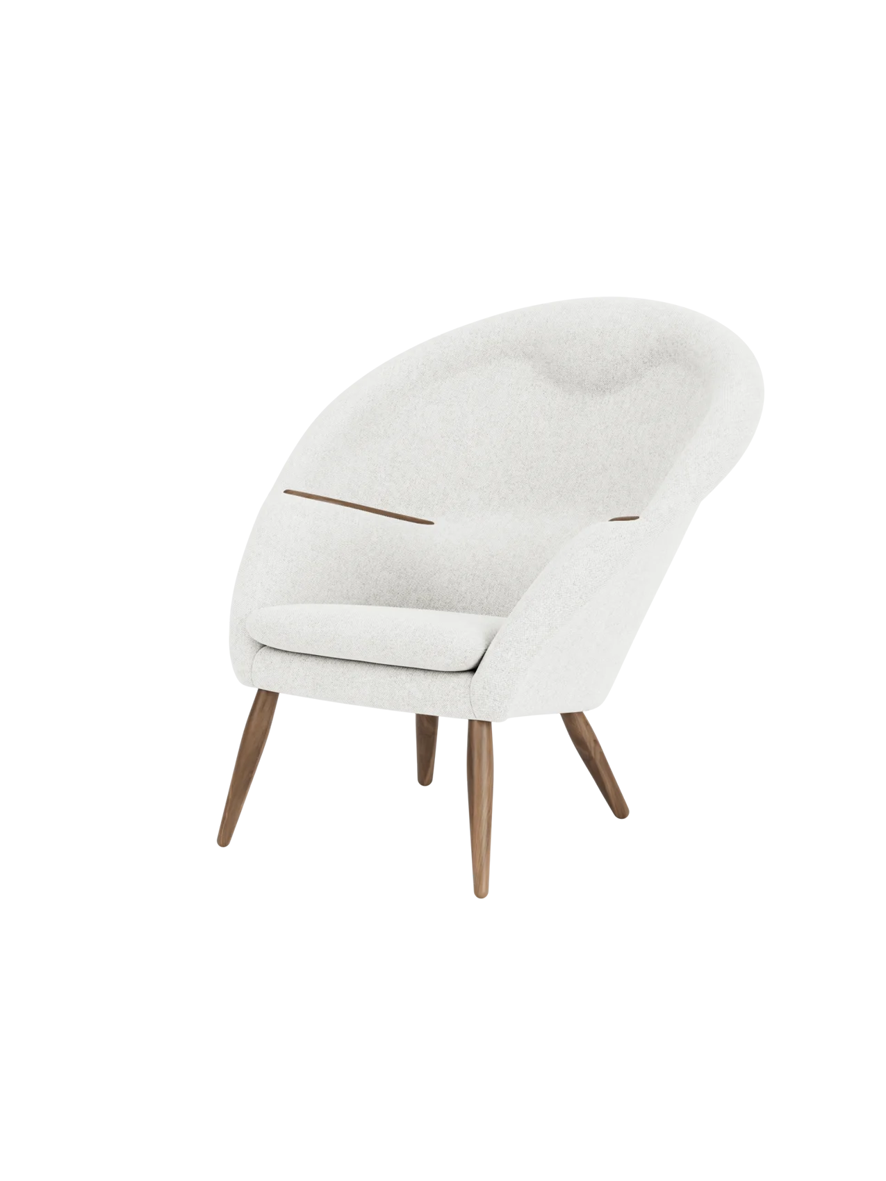 Three-quarter view of the Oda Lounge Chair with off-white Hallingdal 110 upholstery, walnut frame, and integrated armrests.