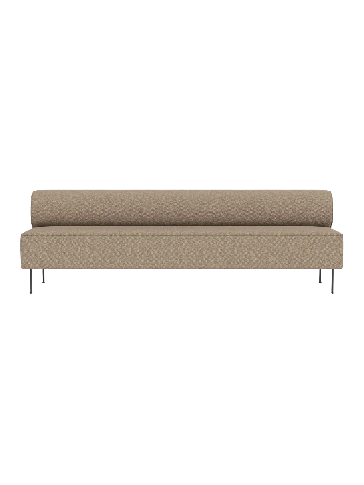 A front view of the Eave Dining Sofa in Logan Flint, a long light brown sofa with a low back and thin metal legs.