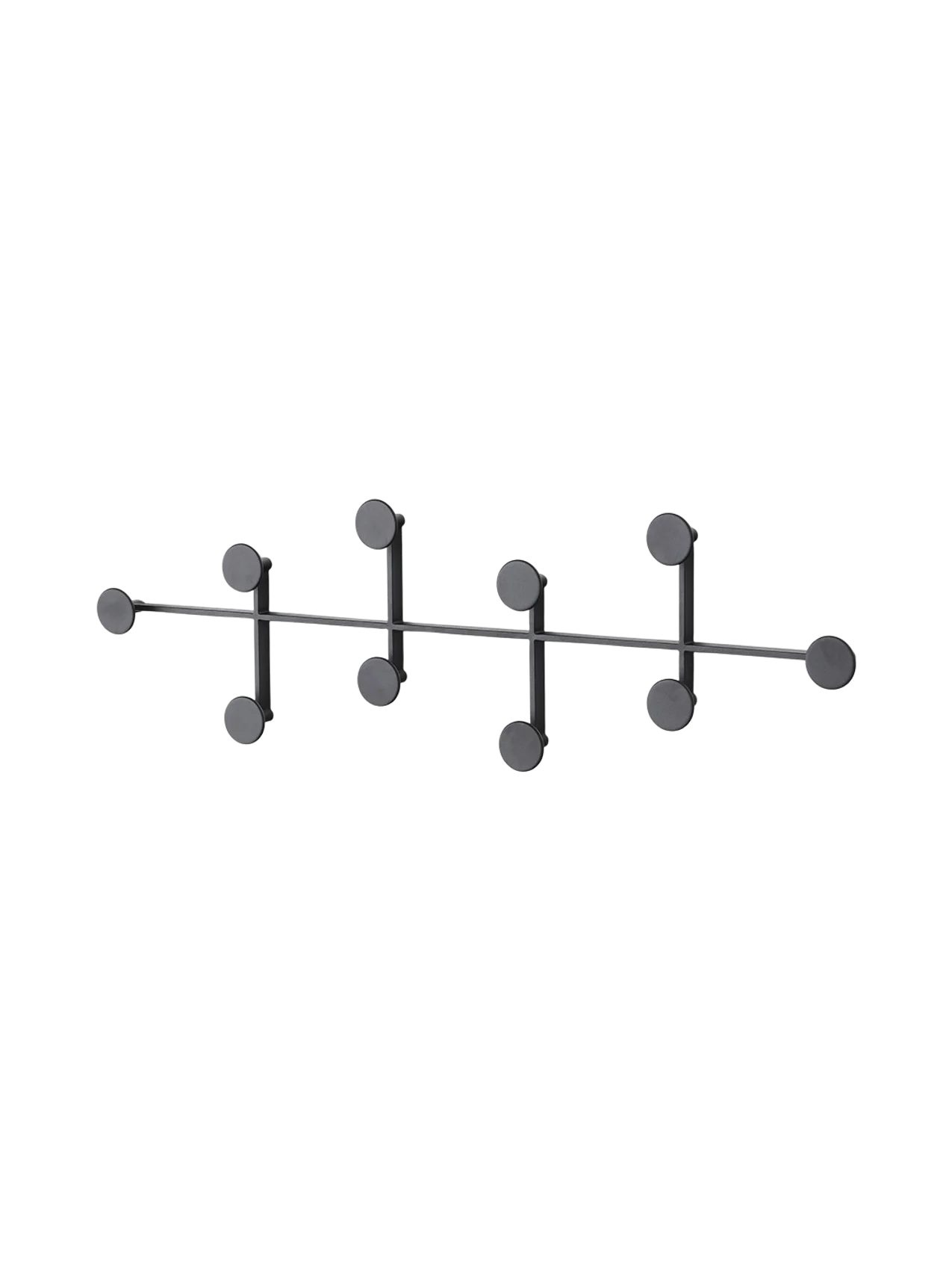 Angled view of the Afteroom Coat Hanger in Black. It features a long horizontal bar with nine round hooks.
