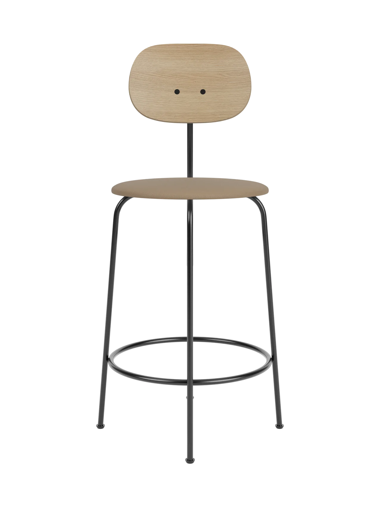 Afteroom Counter Chair Plus with natural oak backrest and brown upholstered seat on a minimalist black steel frame.