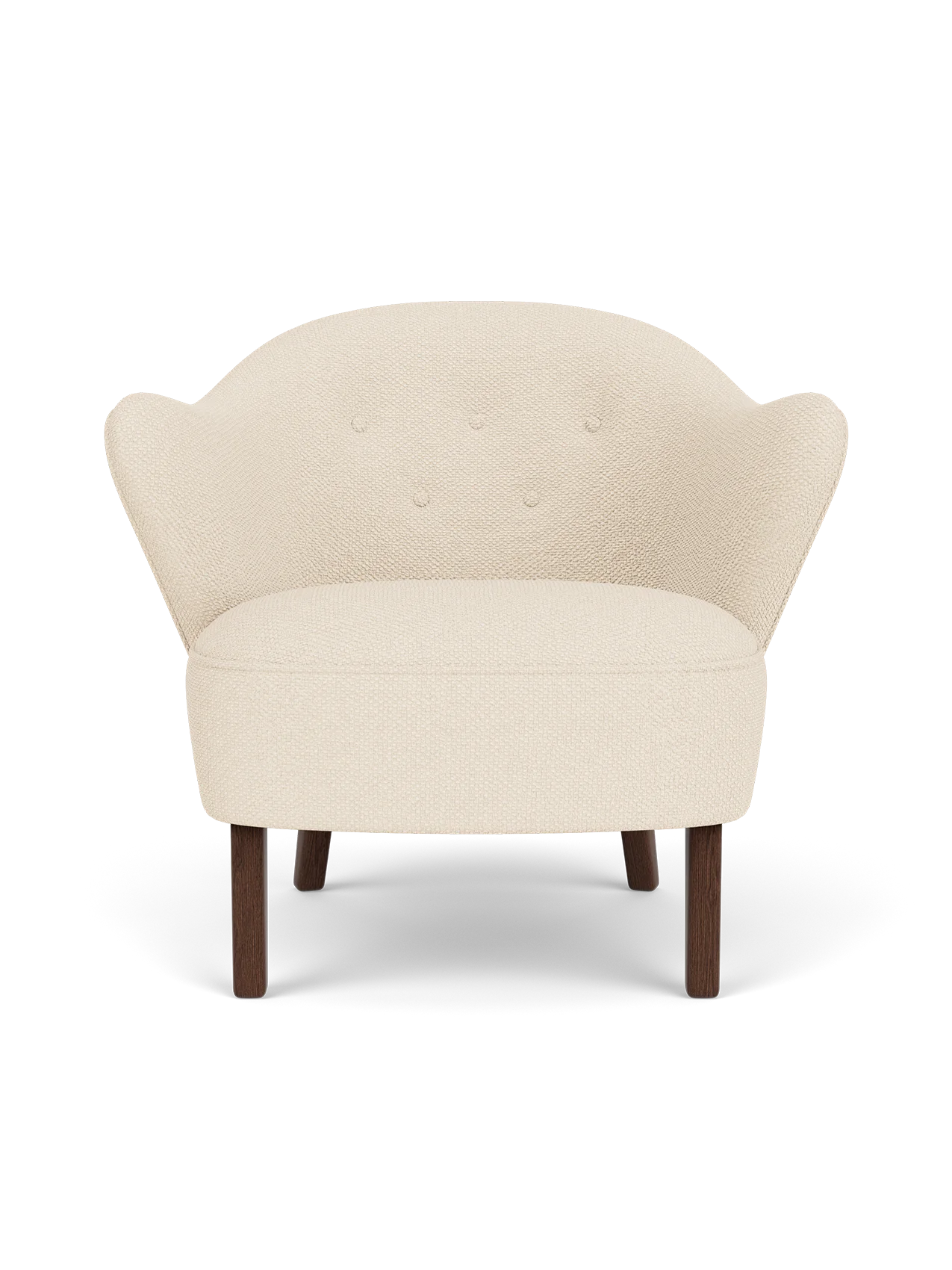 Ingeborg Lounge Chair in Logan Jasmine textile featuring sculptural armrests and dark stained oak legs.