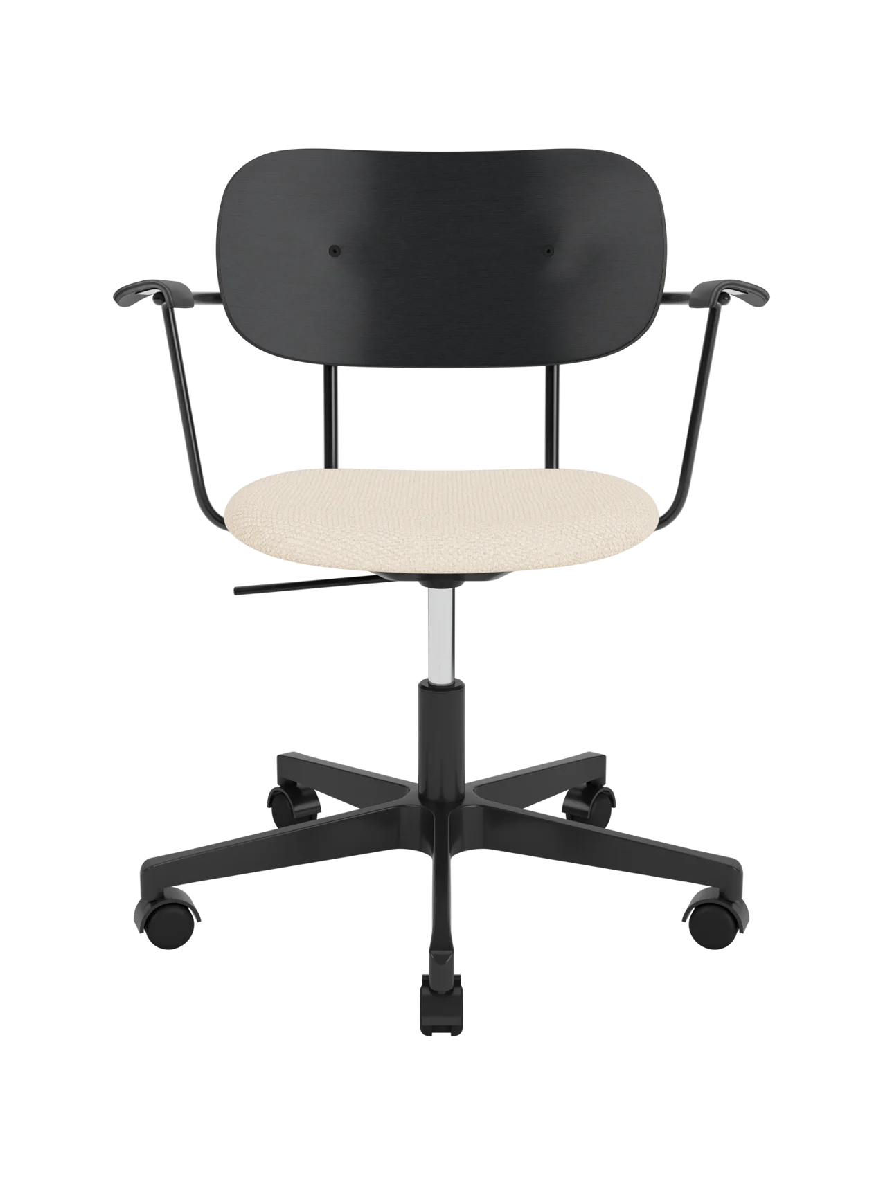 Co Task Chair with cream Logan Jasmine seat, black painted oak back and armrests on a black swivel base with castors.