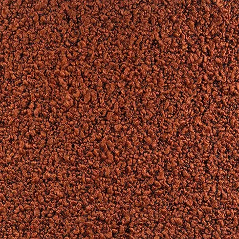 A close-up of a heavily textured fabric swatch. The material has a nubby, boucle-like feel in a deep, rusty red shade.