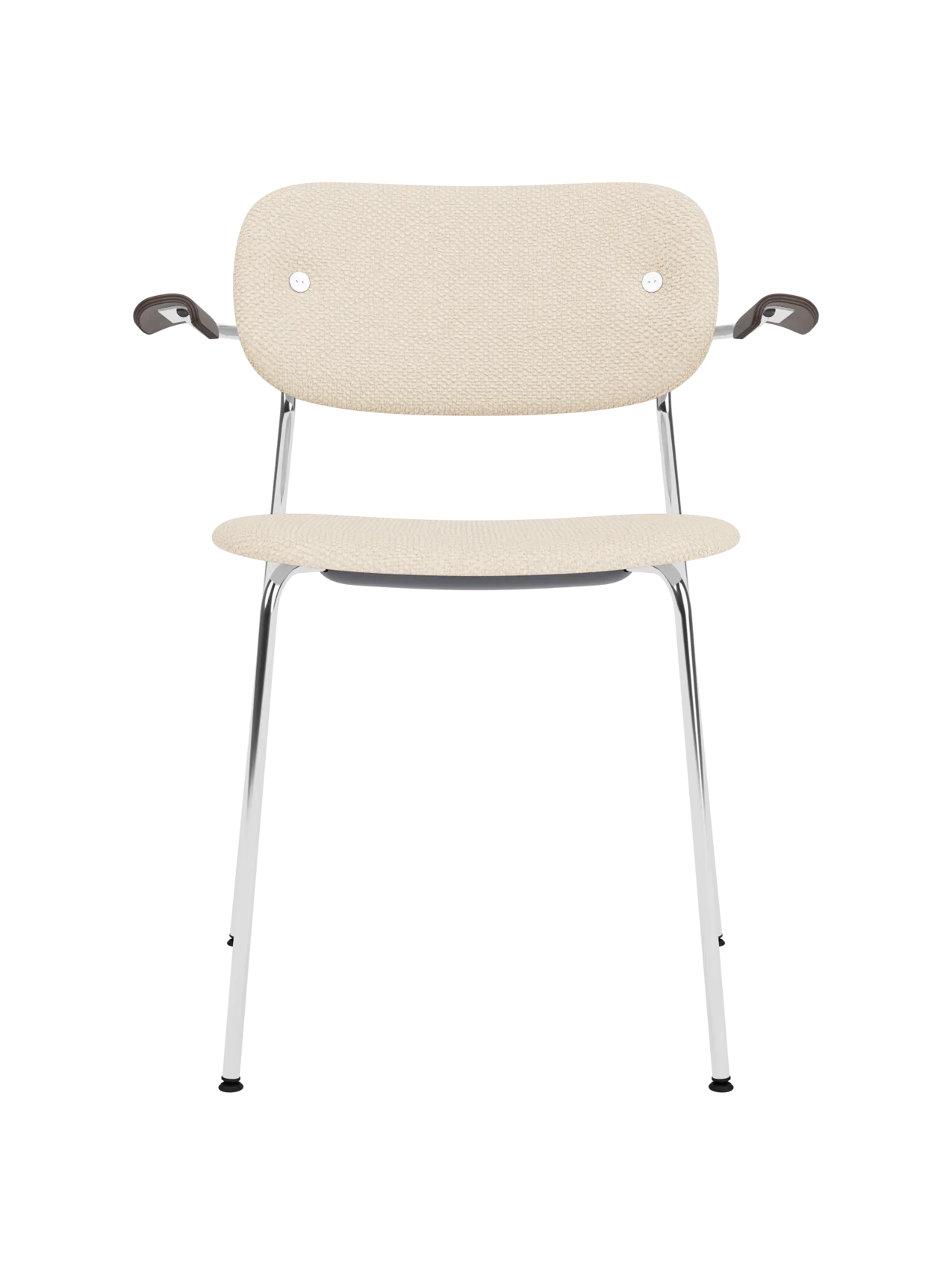 Co Dining Chair with armrests, featuring Logan Jasmine upholstery, dark stained oak armrests and a chrome frame.