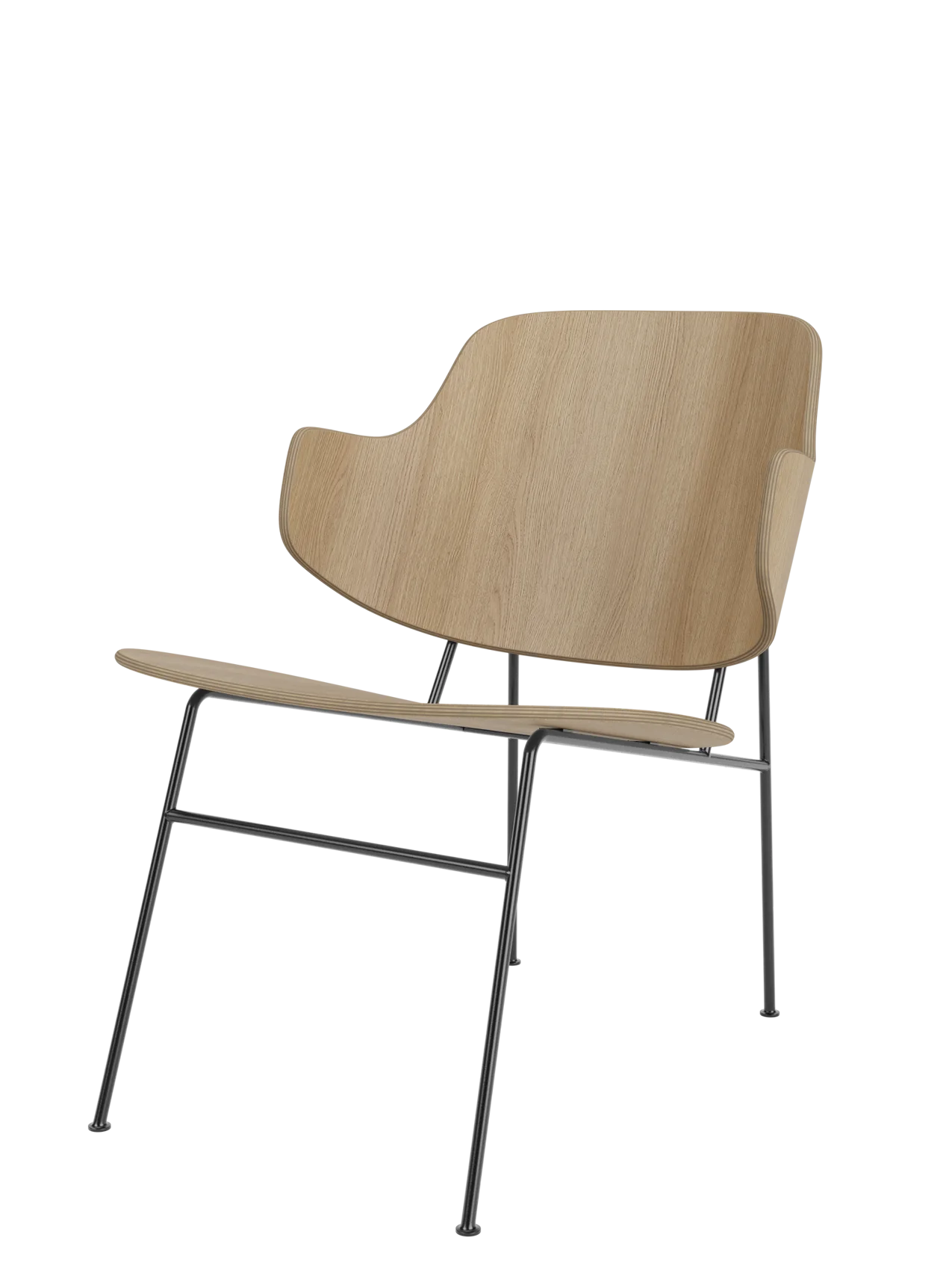 Front three-quarter view of The Penguin Lounge Chair, with its natural oak veneer shell and slender black metal frame.