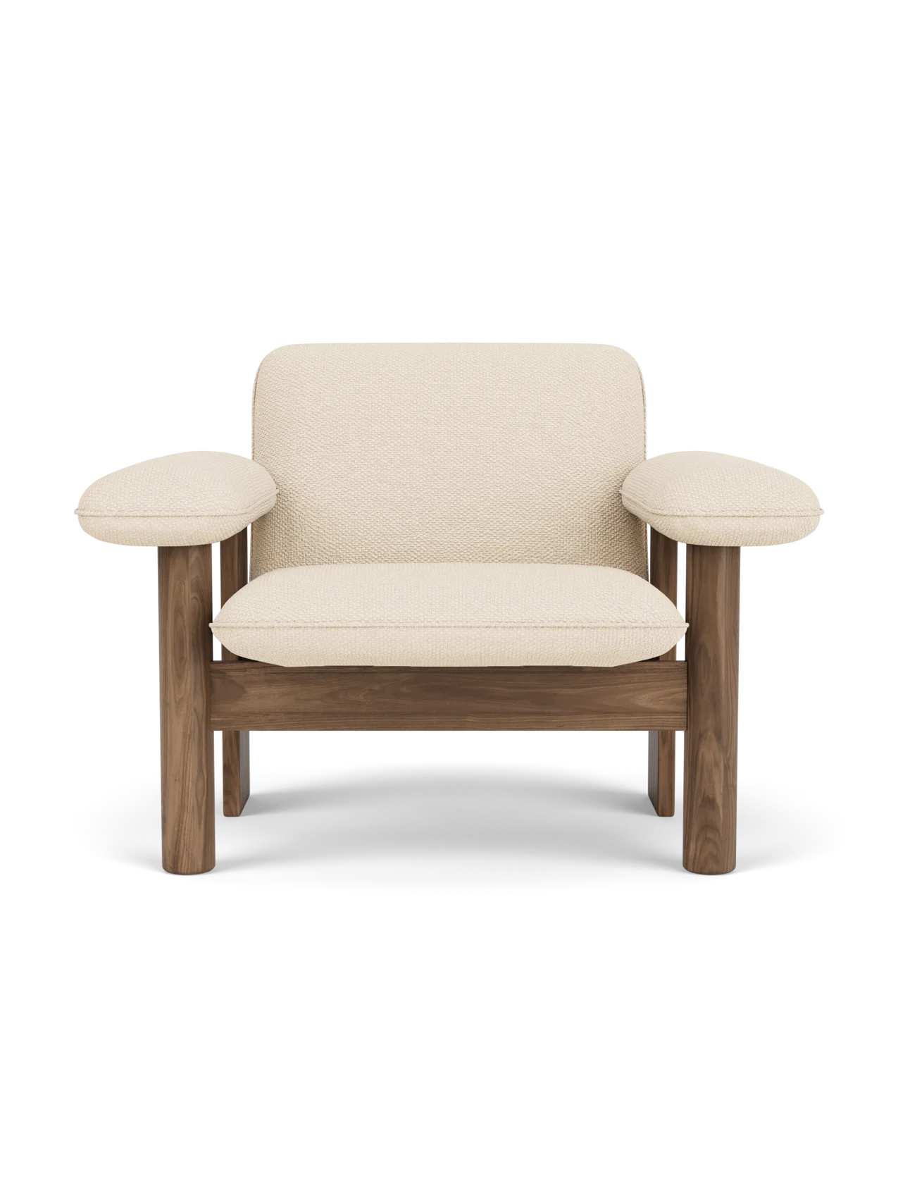 Front view of the Brasilia Lounge Chair with a low back, featuring a solid walnut frame and off-white Logan Jasmine textile.
