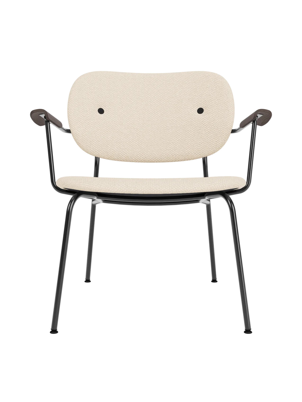 Logan Jasmine upholstered Co Lounge Chair with dark stained oak armrests and a slender black powder-coated steel base.
