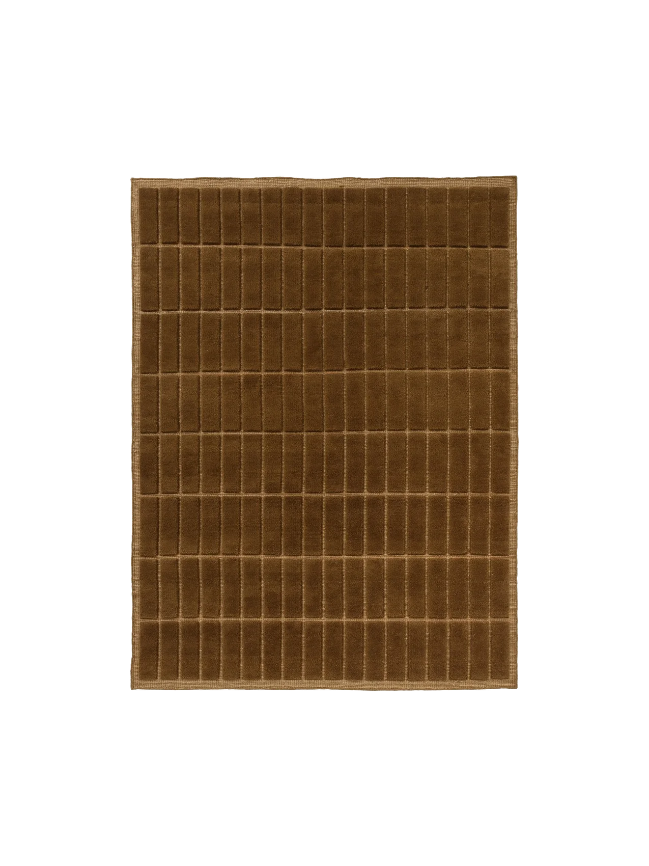 Top-down view of a square, brown rug featuring a plush, tufted grid pattern of vertical rectangles and a simple woven border.