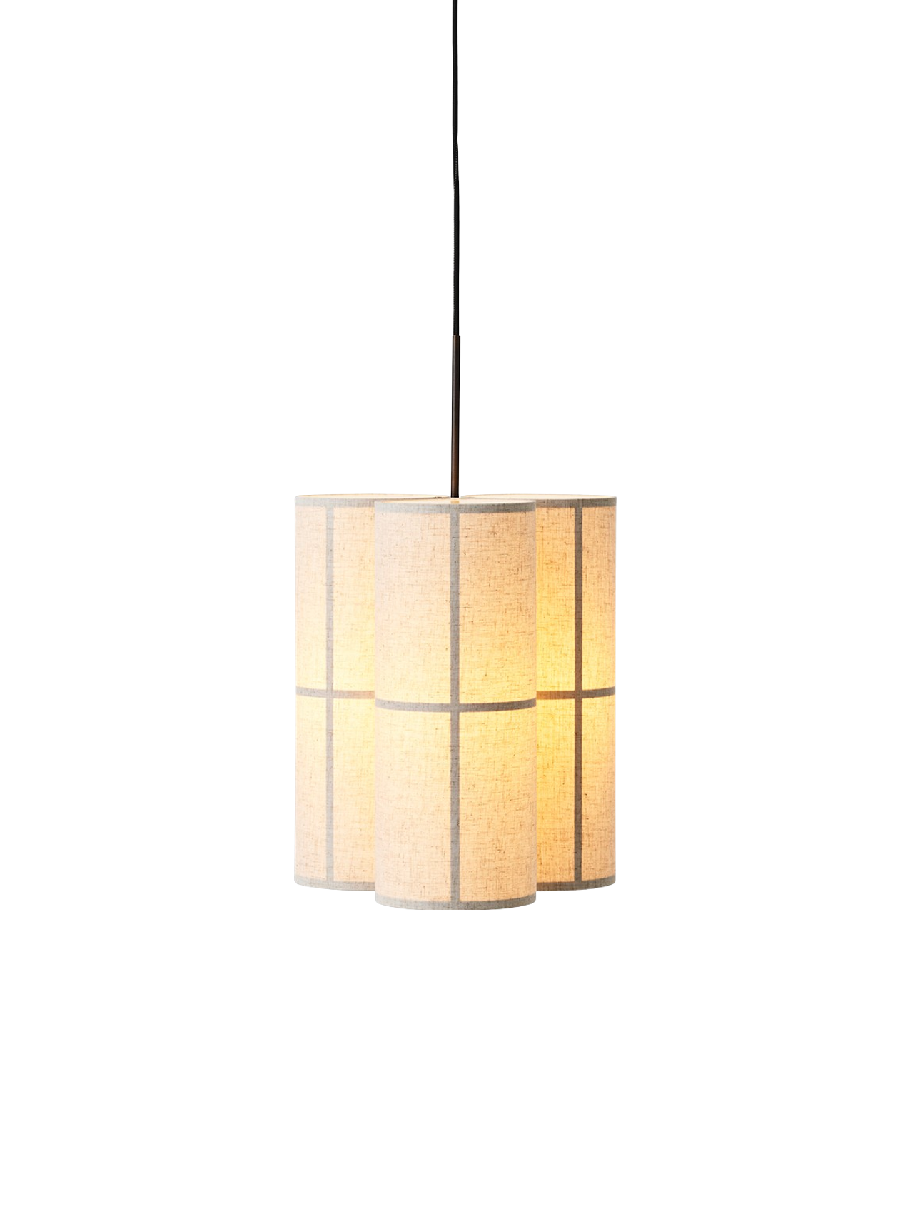 Hashira Pendant Lamp, Cluster, a trio of illuminated cylindrical pendants in raw linen, hanging against a black background.