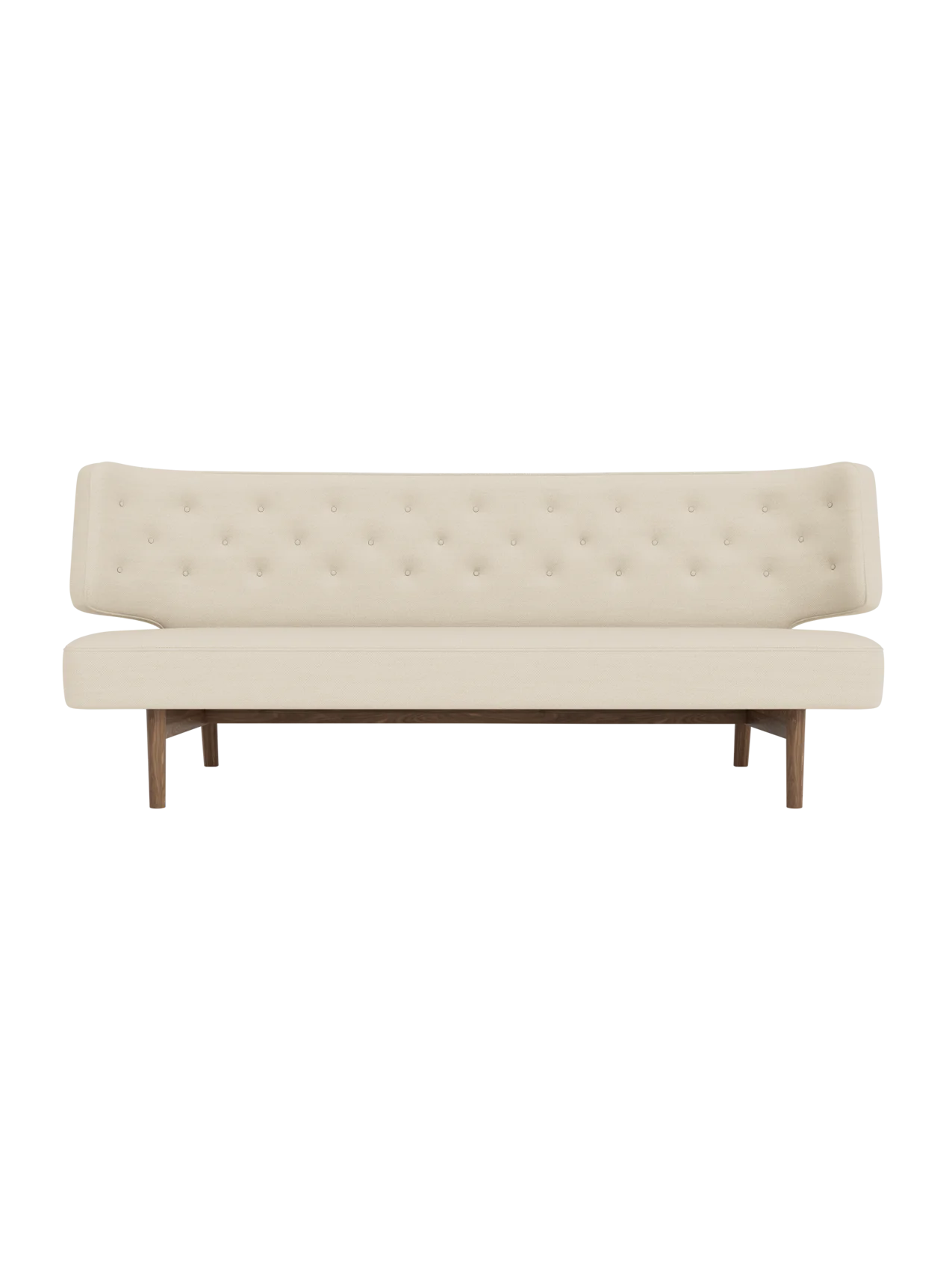 Front view of the Radiohus Sofa P2 in light cream upholstery with a button-tufted back and a dark walnut wood frame.