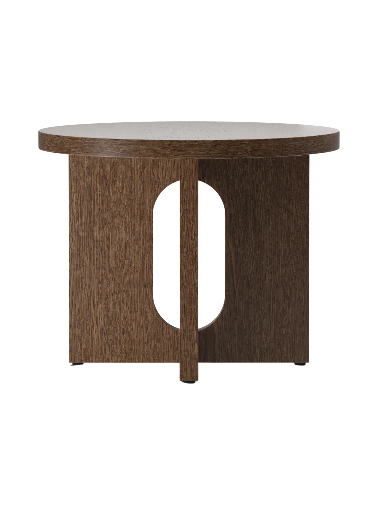 Back view of the Androgyne Side Table, Ø50, in dark stained oak, showing its round top and flat legs with an oval cutout.