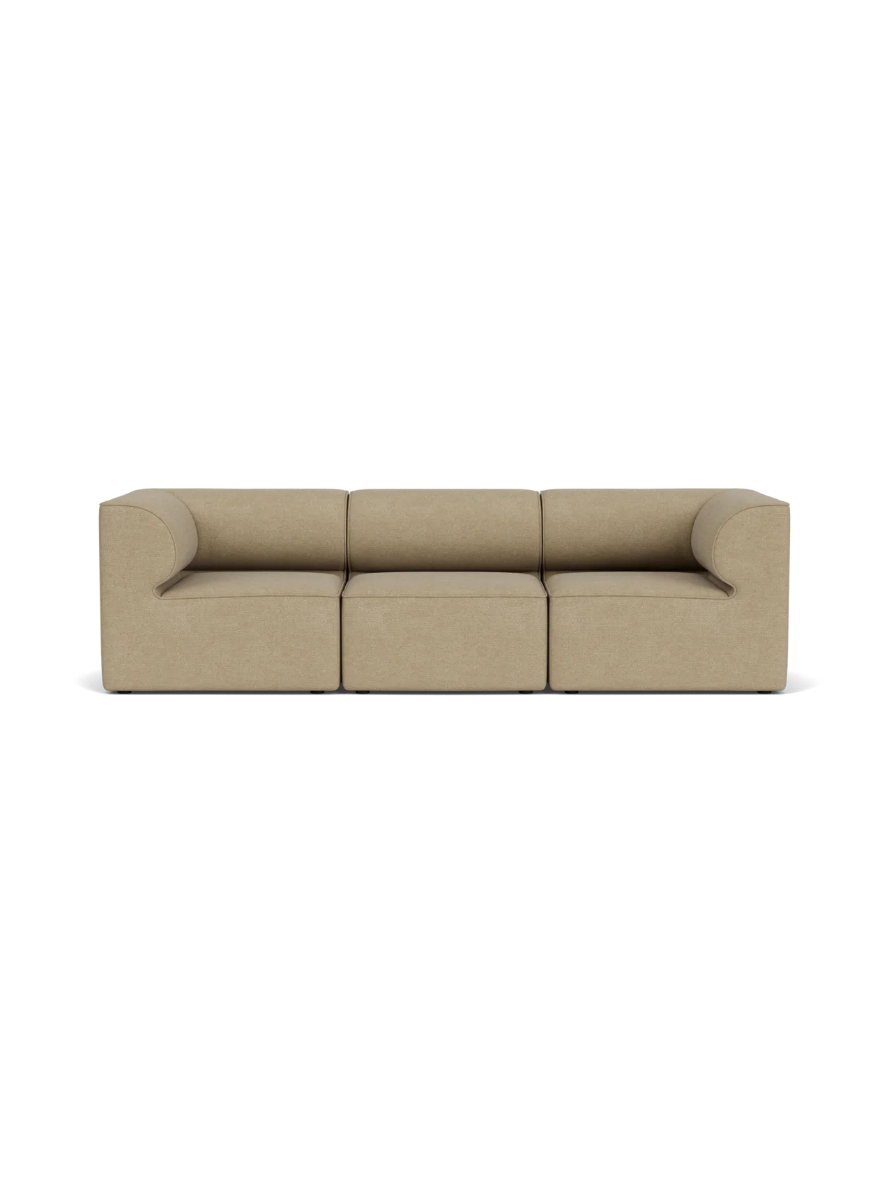 Front view of the Eave Modular Sofa, 86, 3 Seater, Configuration 2 in a light beige bouclé fabric against a black background.
