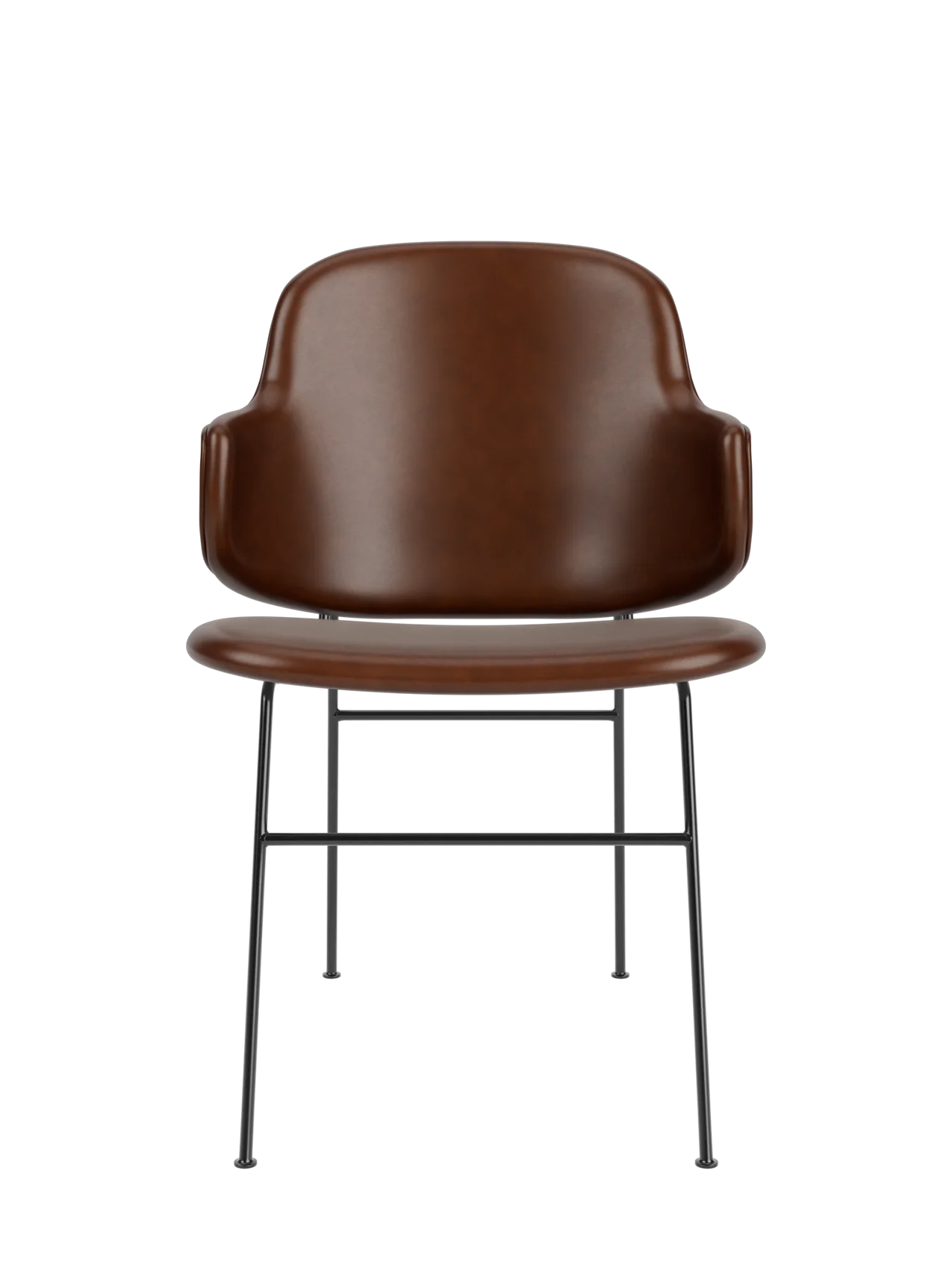 The Penguin Dining Chair, Fully Upholstered, featuring brown Aida 0329 upholstery and slim black steel legs.