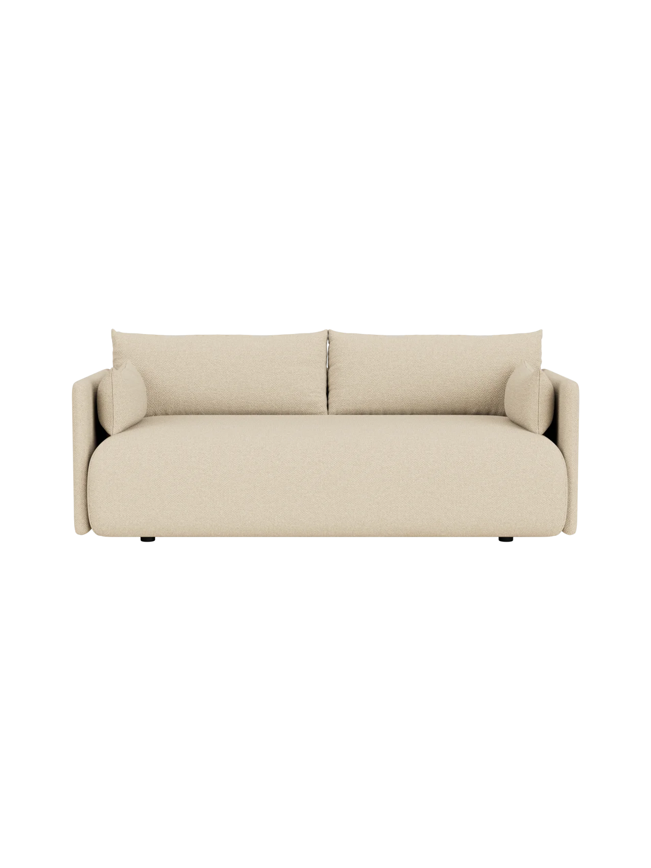An overhead view of the Offset 2-Seater Sofa in textured, sandy-beige Logan Sand upholstery, isolated on a black background.