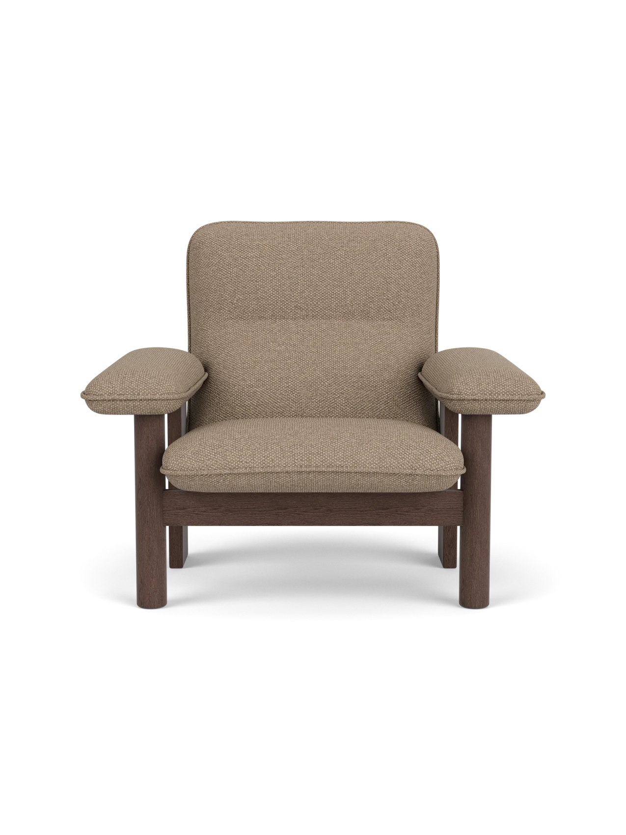 Front view of the Brasilia Lounge Chair, High Back, with a dark stained oak frame and light brown Logan Flint upholstery.