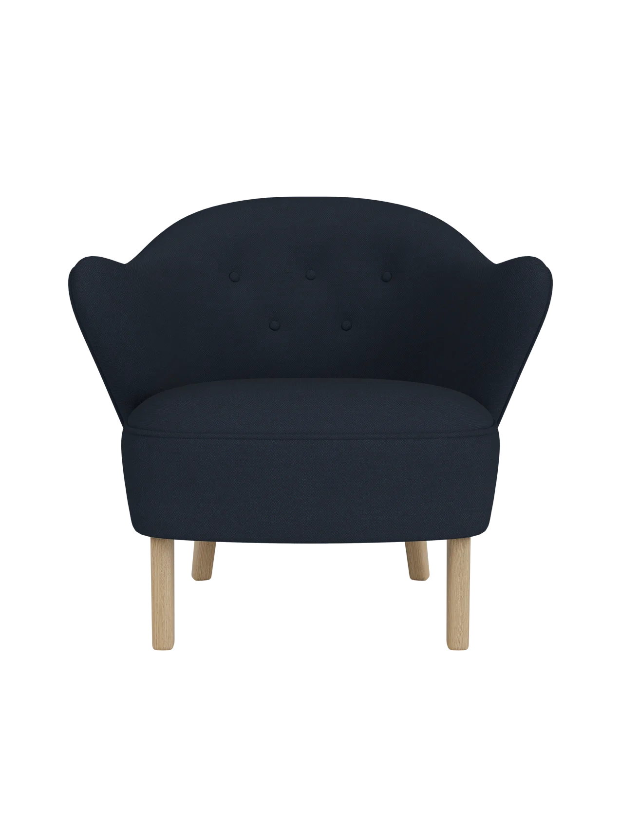 Front view of the Ingeborg Lounge Chair in dark navy Fiord 782, with a button-tufted backrest and natural oak legs.