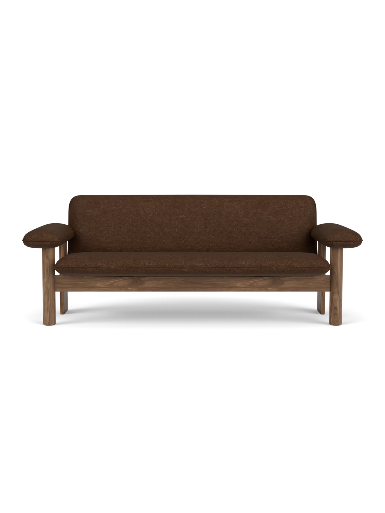 A front view of the Brasilia Sofa with a solid walnut frame and brown Audo Bouclé 07 upholstery against a black background.