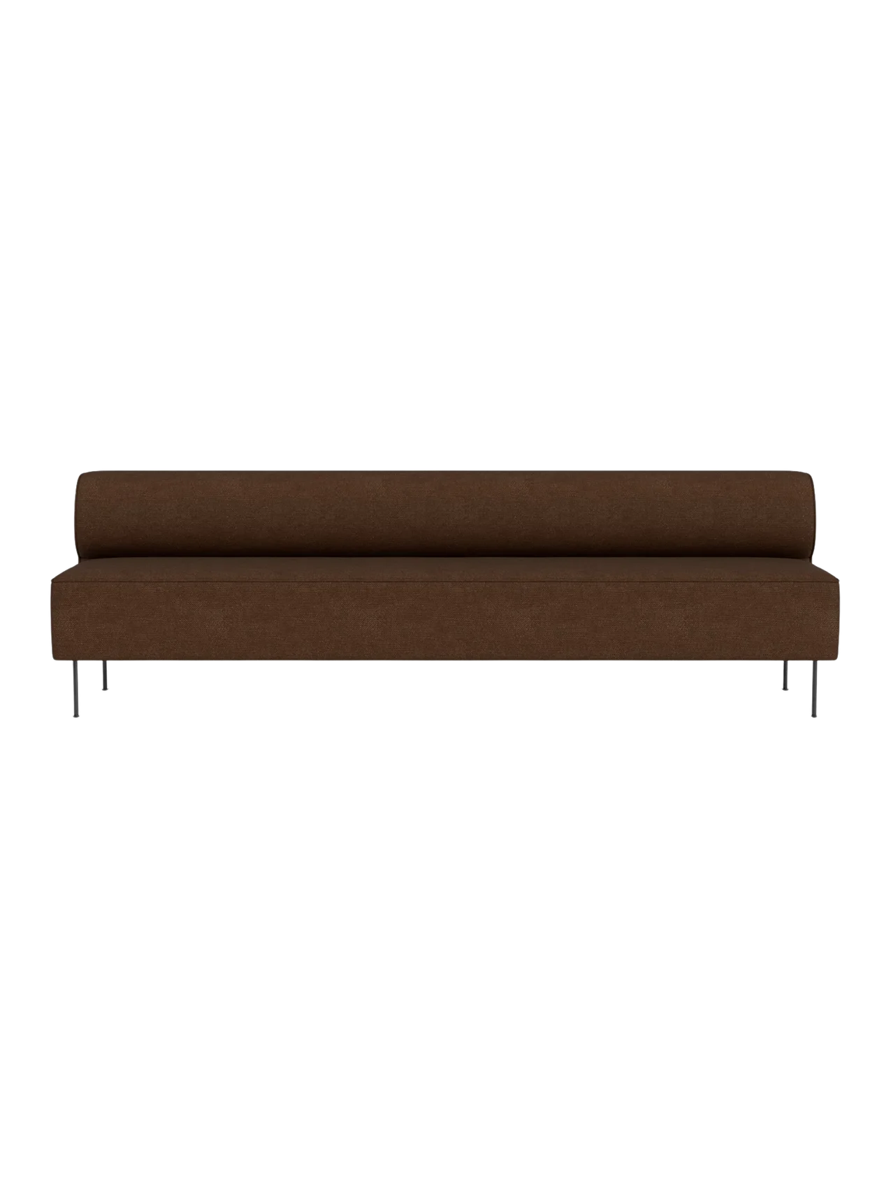A front-facing image of the Eave Dining Sofa, an open section module, in a textured brown fabric with thin metal legs.