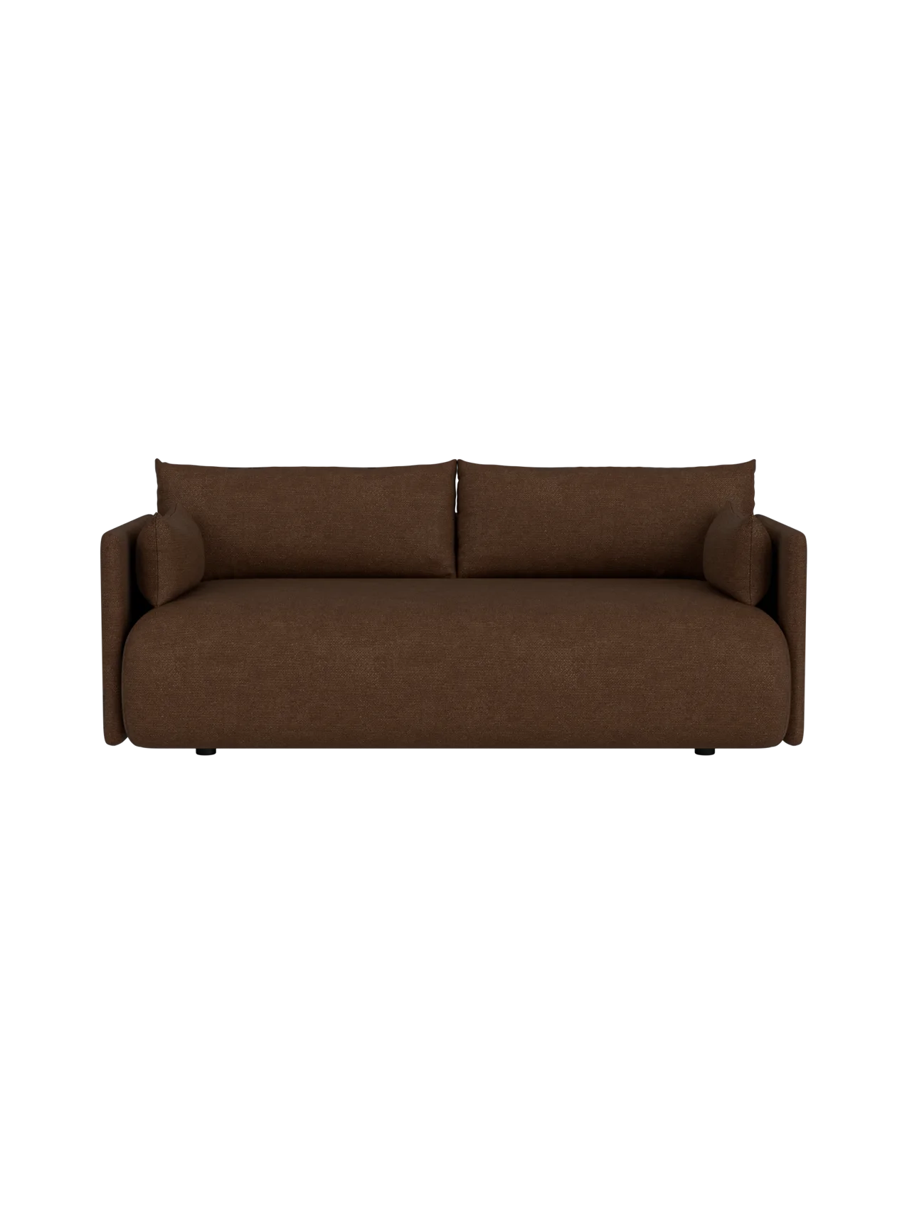 Front view of the brown, two-seater Offset Sofa in Audo Bouclé 07 fabric, shown against a plain black background.