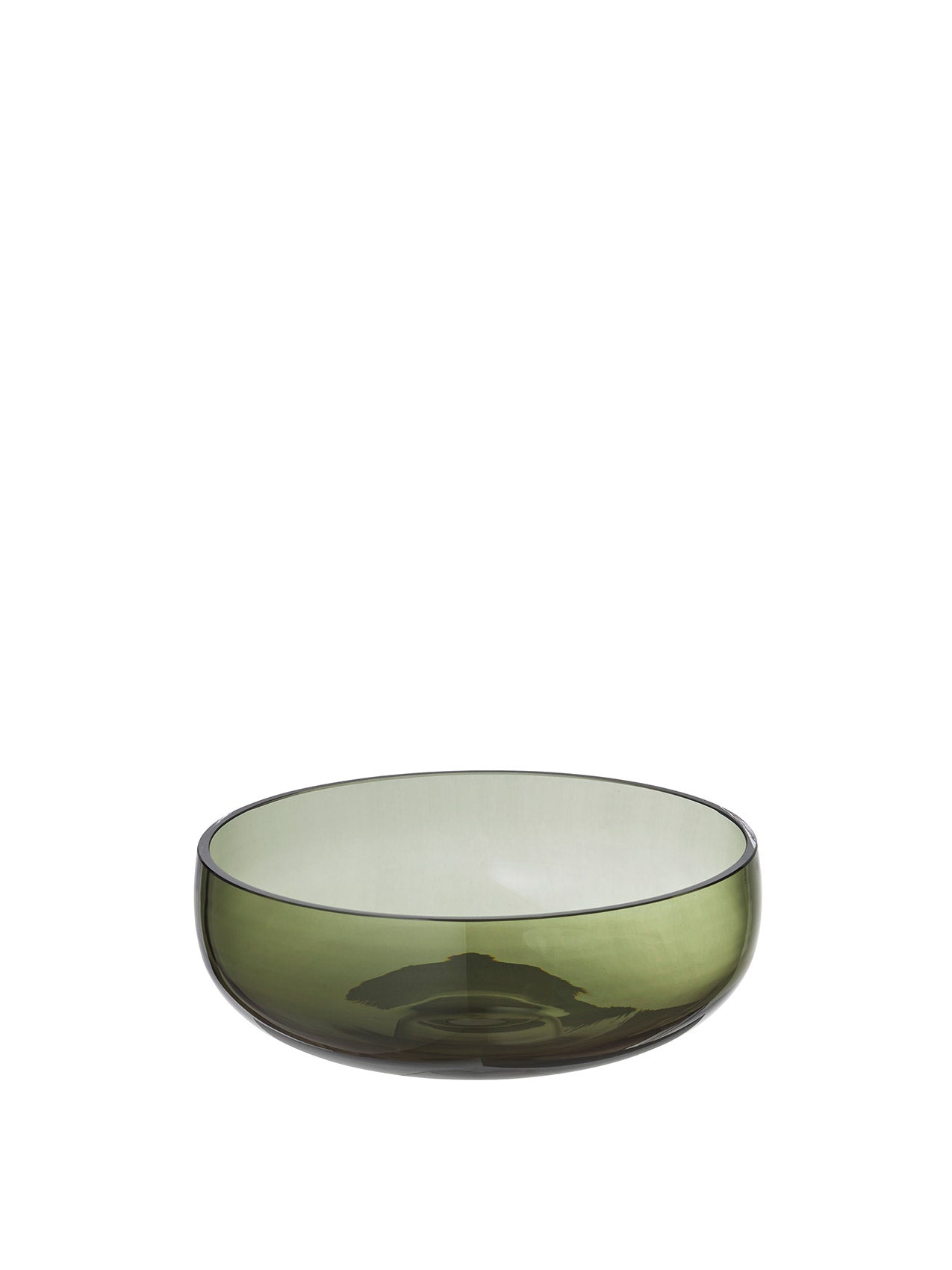 A low, wide, rounded glass bowl in a translucent olive green colour, photographed straight-on against a white background.