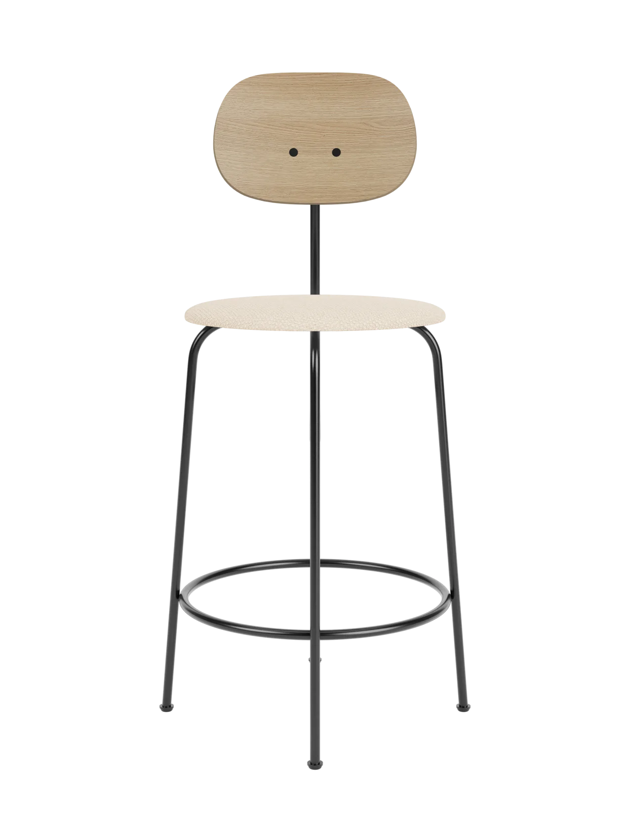 Afteroom Counter Chair Plus with natural oak backrest and Logan Jasmine upholstered seat on a black steel frame.
