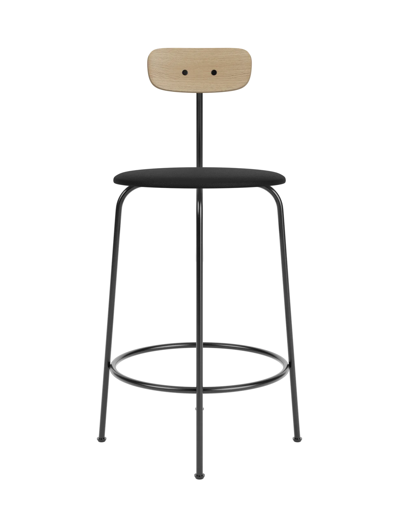 Afteroom Counter Chair featuring a black Sierra 1001 upholstered seat and natural oak backrest on a black steel frame.