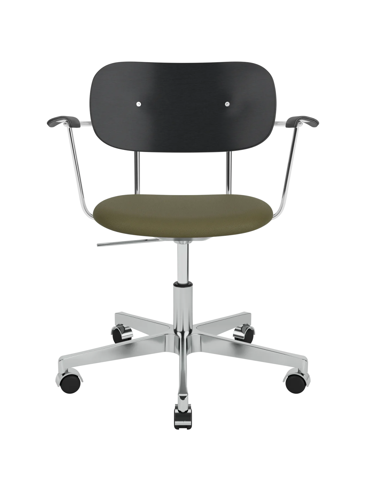 Co Task Chair with black oak back, Sierra 0441 upholstered seat and chrome frame on an aluminium swivel base with castors.