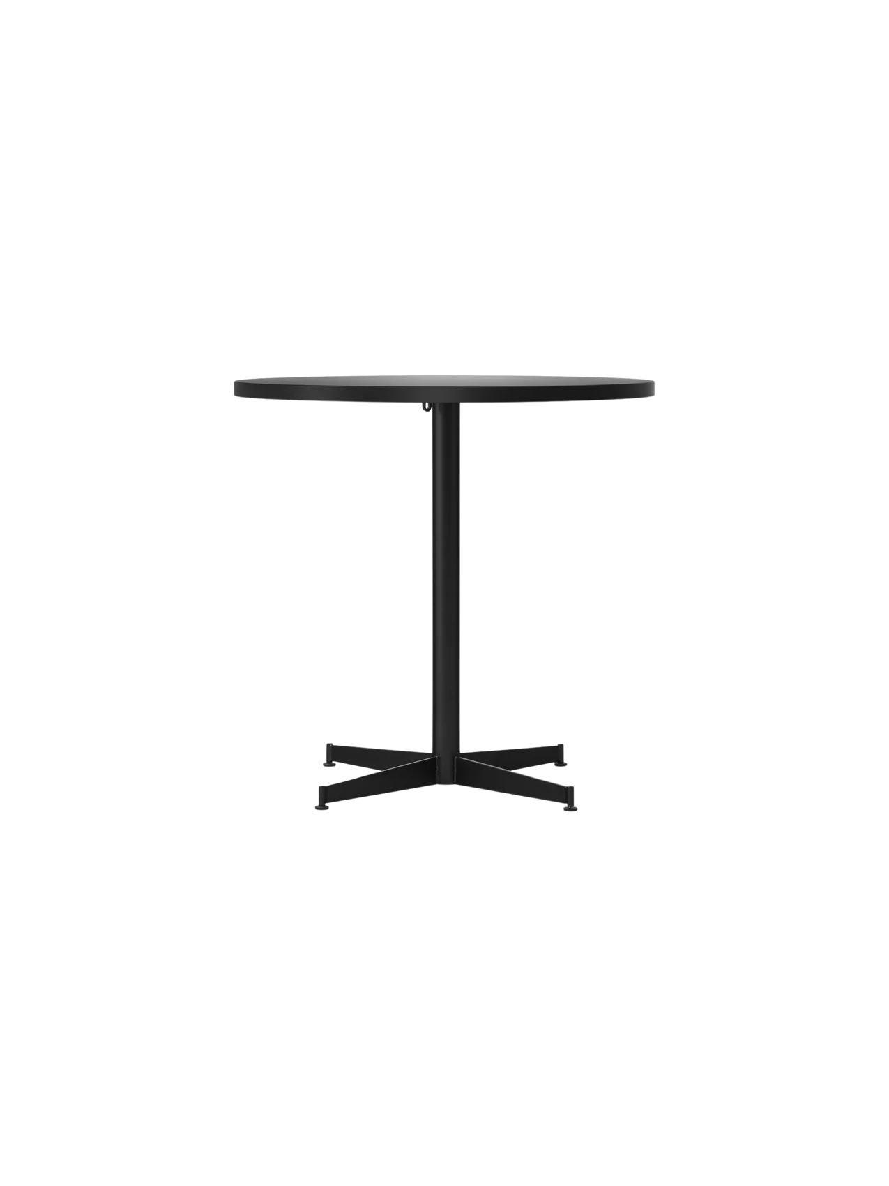 Front view of the Nook Dining Table, featuring a round top, a slim central stem, and a black four-star base.