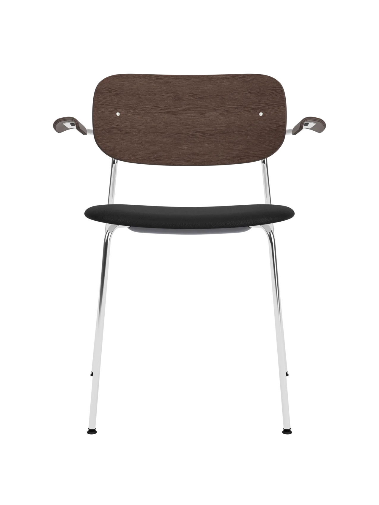 Co Dining Chair with armrests, featuring a chrome frame, dark stained oak back and black leather upholstered seat.