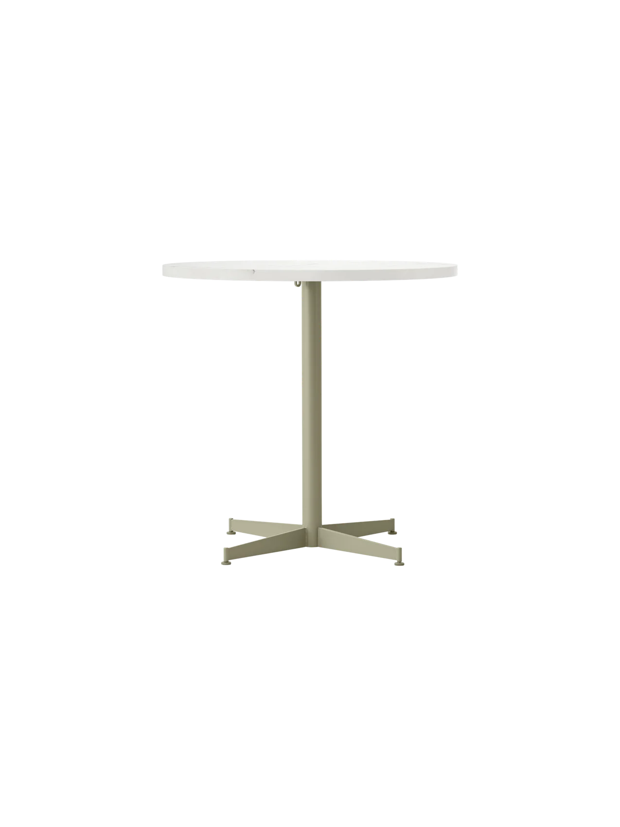 Front view of the Nook Dining Table with a round, white top and an olive-coloured, four-star pedestal base.