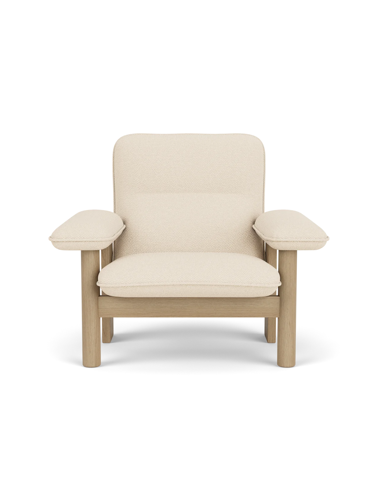 Front view of the Brasilia Lounge Chair with a high back, natural oak frame, and off-white Logan Jasmine textile upholstery.