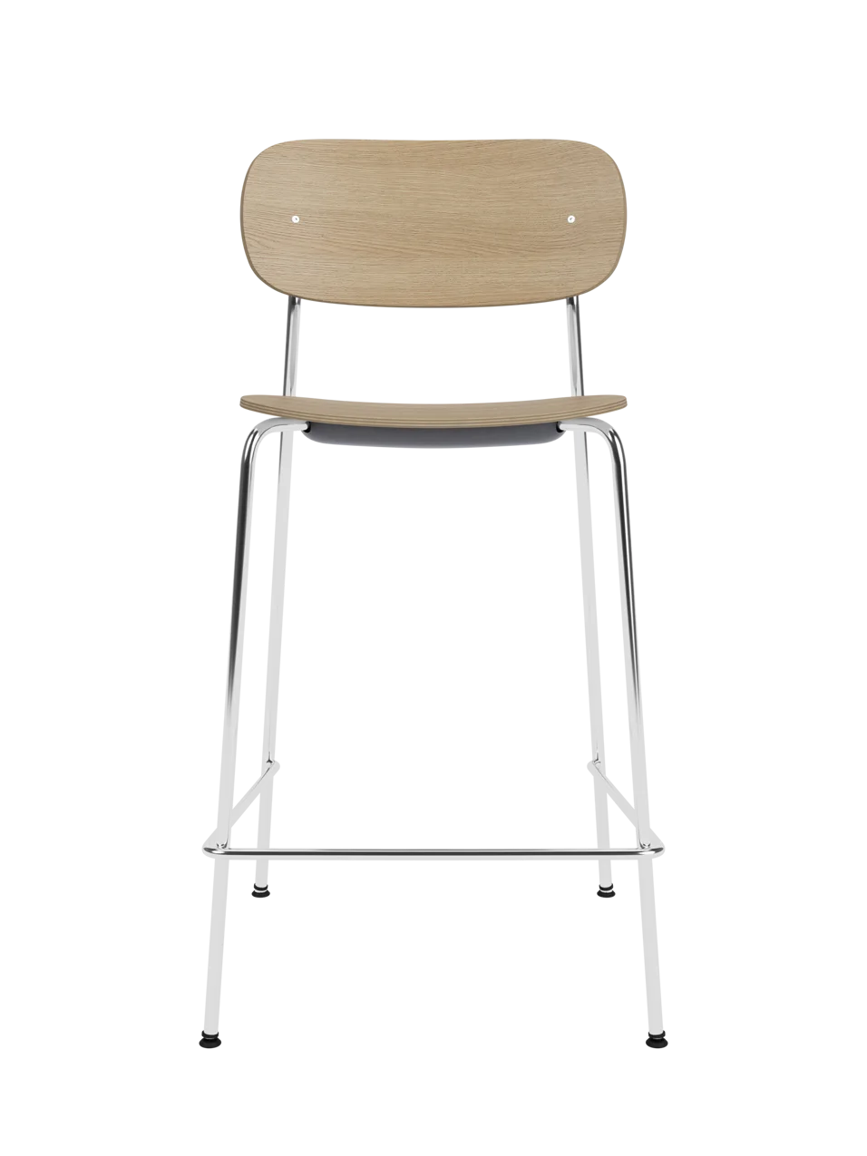 Co Counter Chair in natural oak veneer with a chrome steel frame shown against a solid black background.
