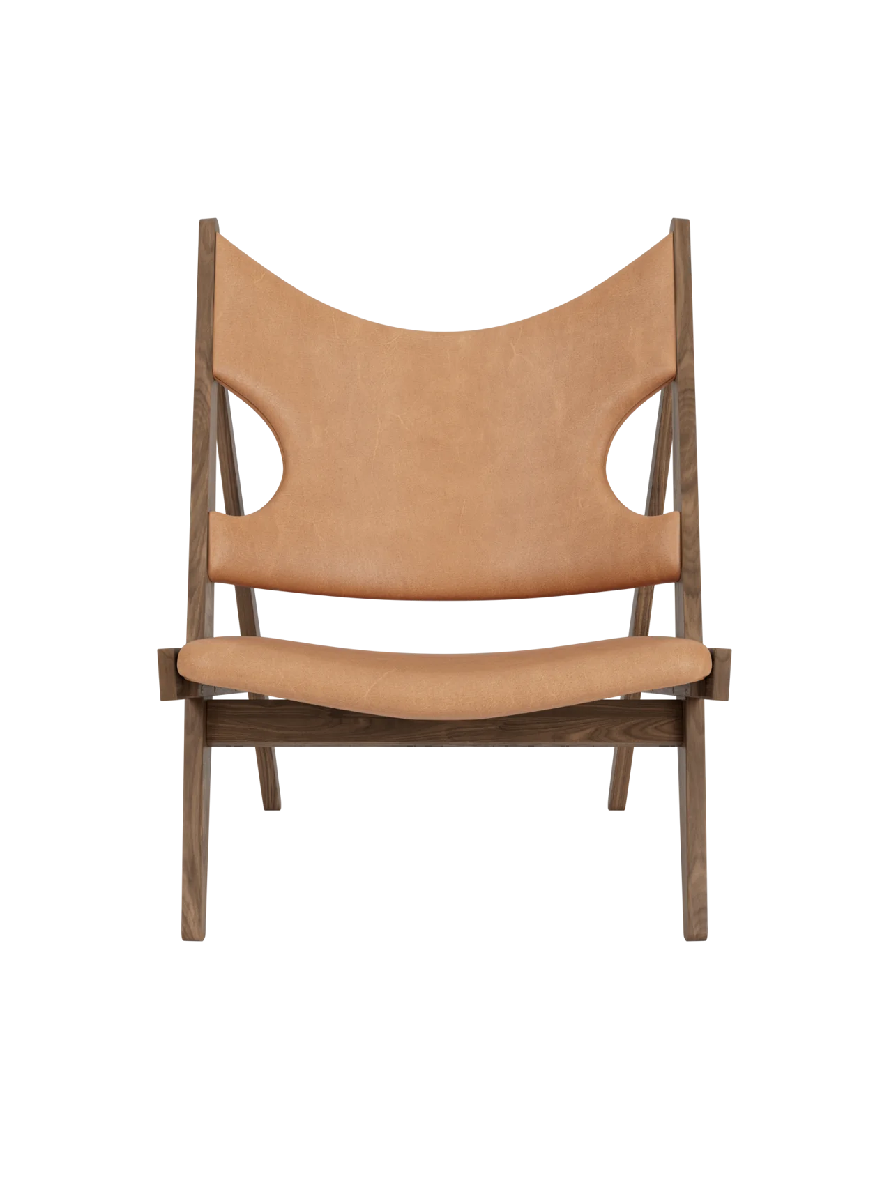 Knitting Lounge Chair by Ib Kofod-Larsen in walnut with Dunes Camel leather upholstery and signature elbow cut-outs.