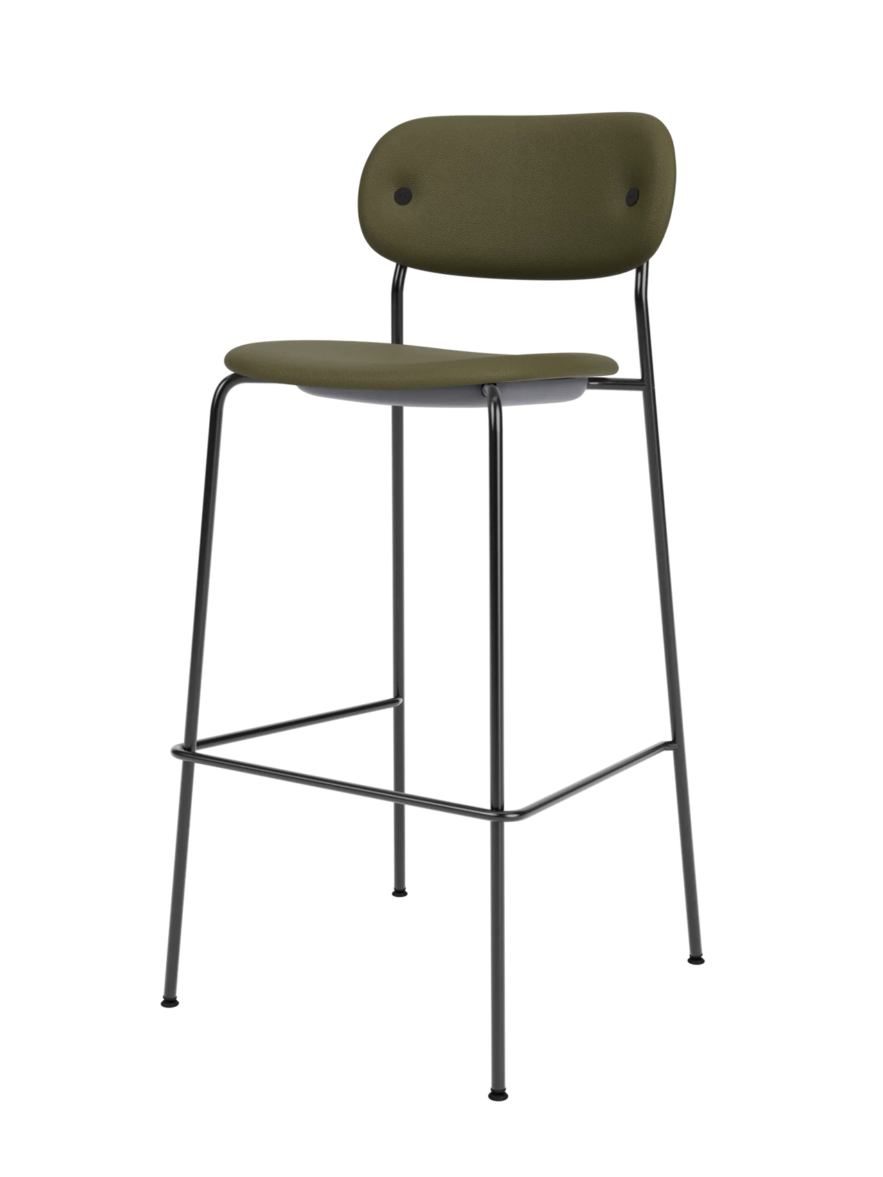 Fully upholstered Co Bar Chair featuring olive green Sierra leather and a slender black steel frame with footrest.