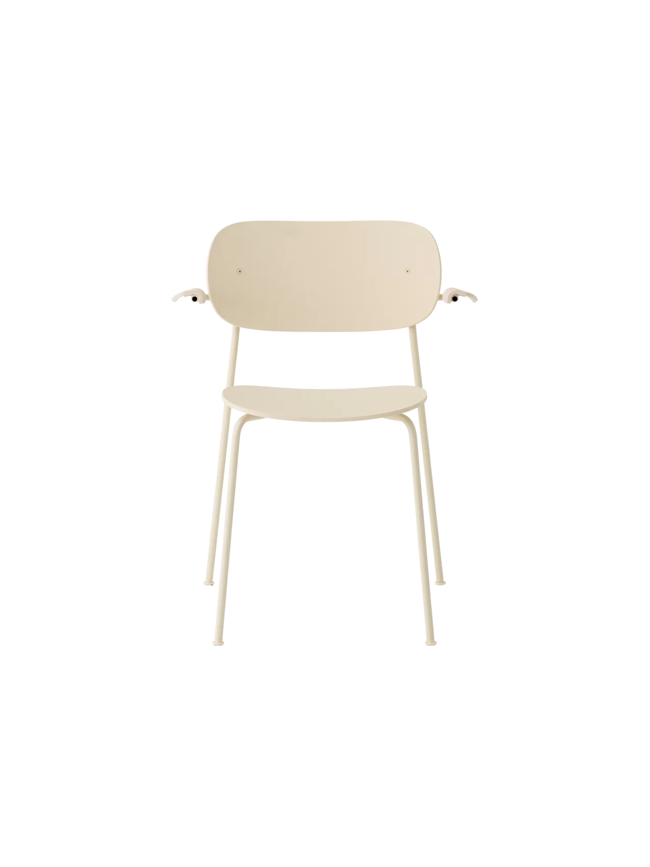 Front view of the Co Dining Chair, Outdoor in an ivory finish. A minimalist chair with a curved back, seat, and armrests.
