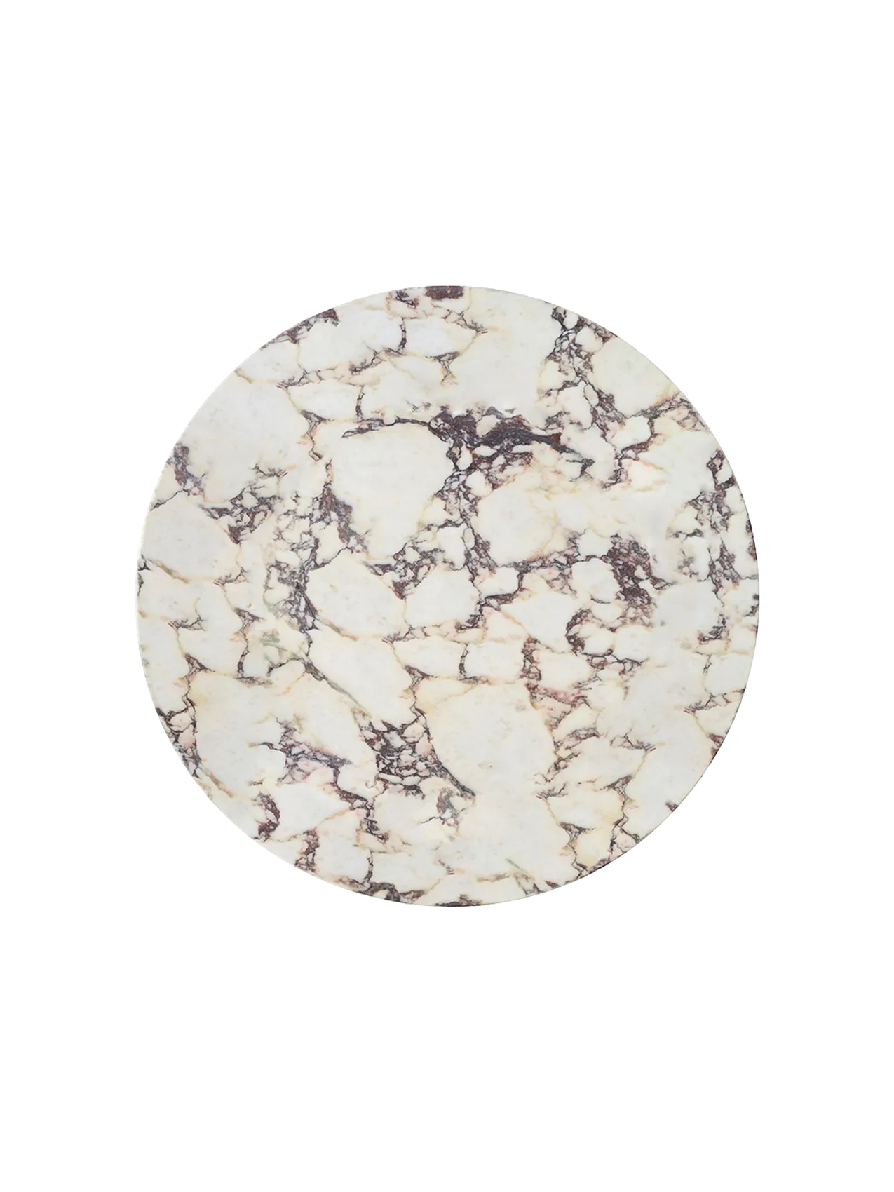 A top-down view of the round Androgyne Side Tabletop in Calacatta Viola marble, showcasing its white and rich purple veins.