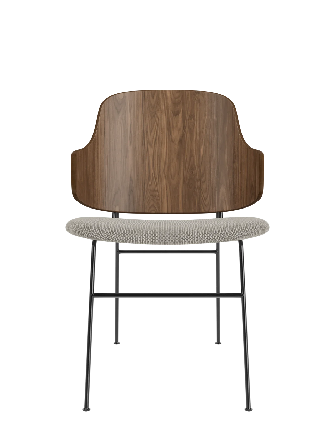 The Penguin Dining Chair featuring a curved walnut back and grey Re-Wool upholstered seat on a slender black steel frame.