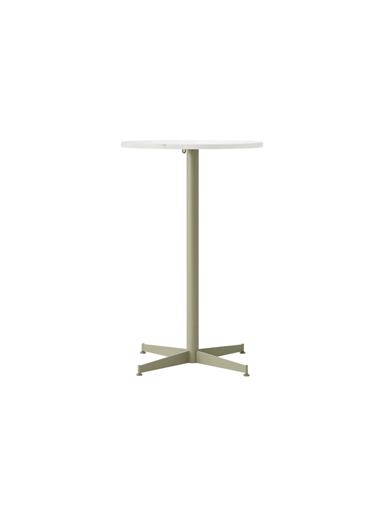 Front view of the Nook Counter Table with a round Estremoz marble top and an olive green four-pronged pedestal base.