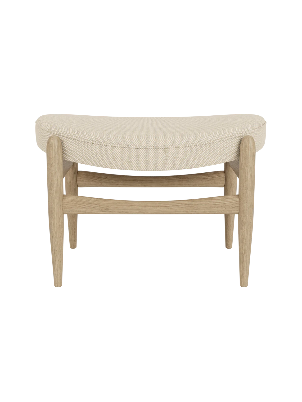 Elizabeth Ottoman with a natural oak frame and a curved seat upholstered in light beige Hallingdal fabric.