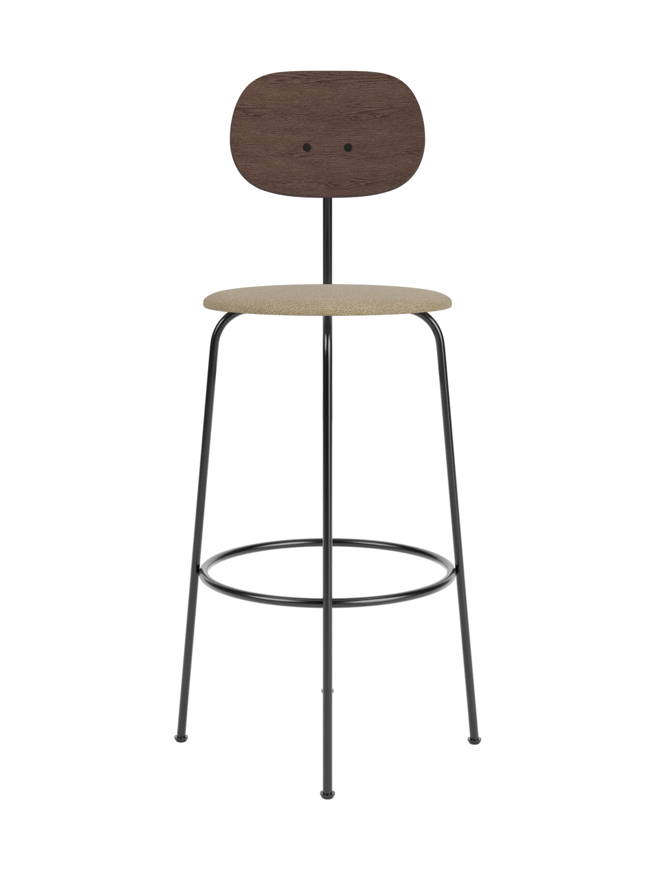 Afteroom Bar Chair Plus with a dark stained oak backrest and beige bouclé upholstered seat on a black metal frame.