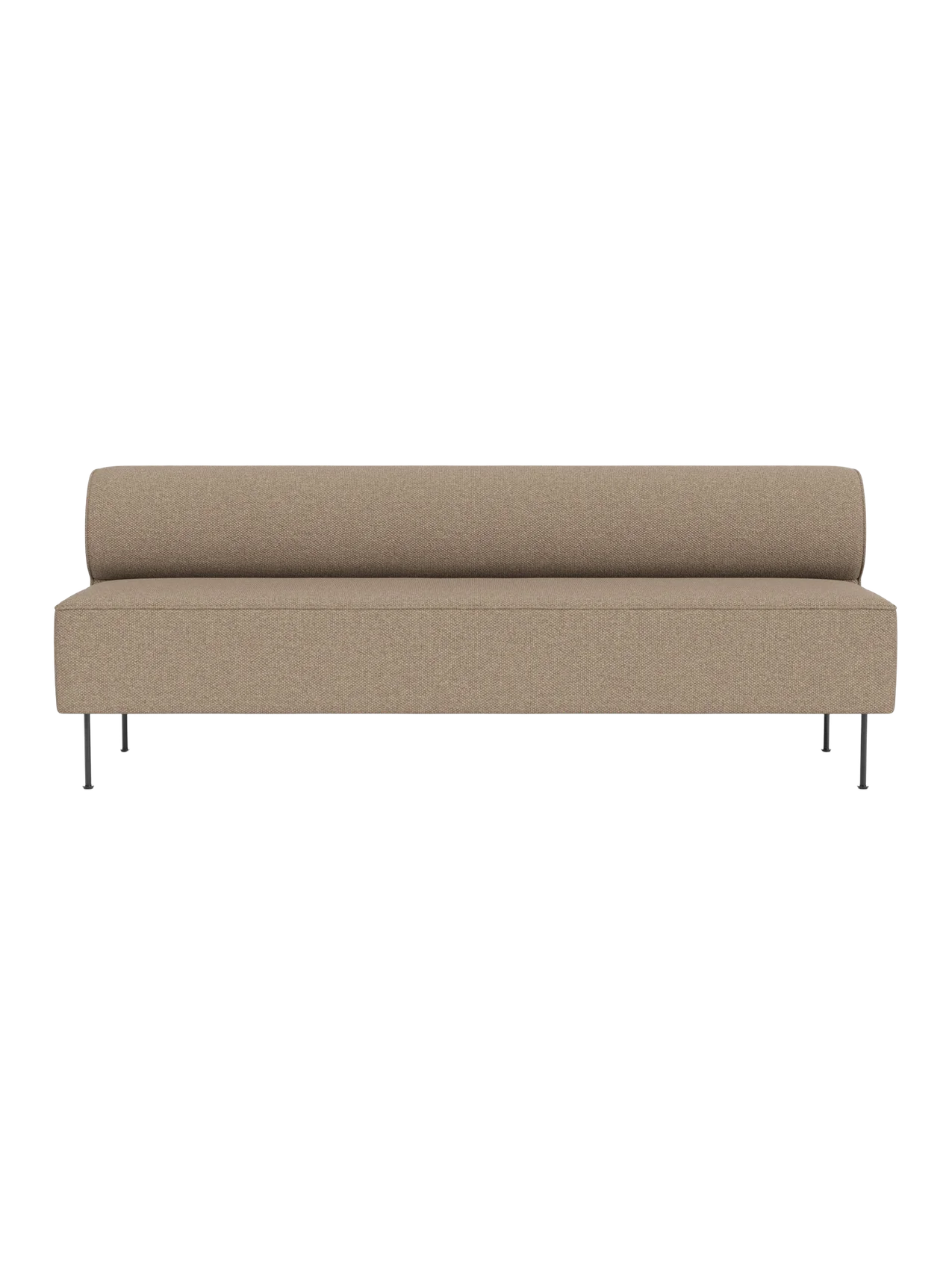 Front view of the Eave Dining Sofa in Logan Flint fabric. The minimalist sofa has a low backrest and slim metal legs.