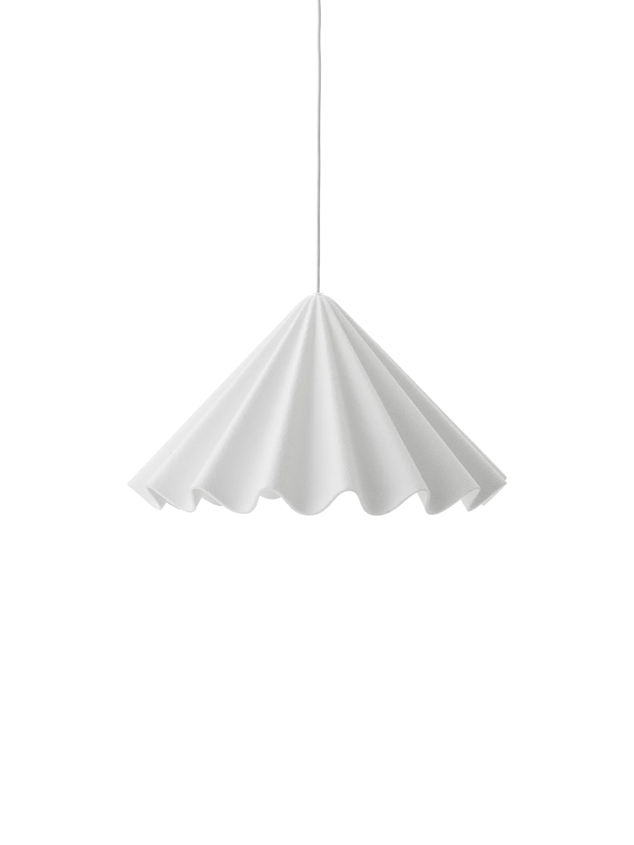 Front view of the white Dancing Pendant Lamp. Its pleated felt shade resembles a dancer's twirling skirt with a wavy hem.