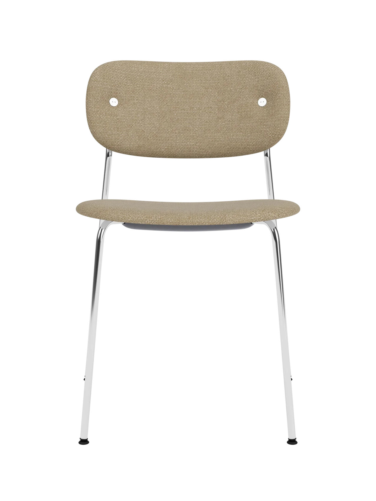 Fully upholstered Co Dining Chair in beige Audo Bouclé 02 fabric with a sleek polished chrome frame.