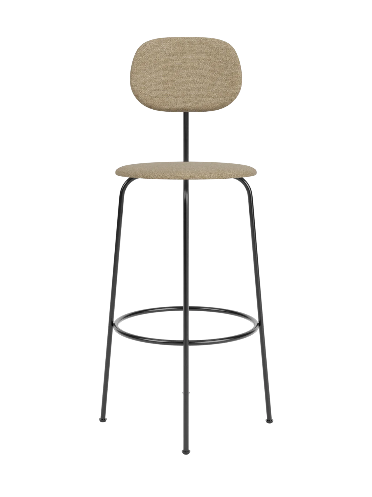 Front view of the Afteroom Bar Chair Plus, Fully Upholstered, with beige upholstered seat and back on a black metal frame.